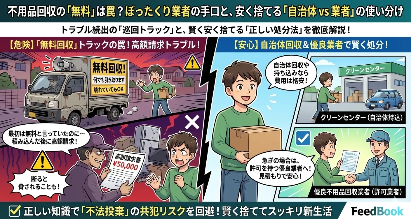 不用品回収の「無料」は罠？ぼったくり業者の手口と、安く捨てる「自治体 vs 業者」の使い分け