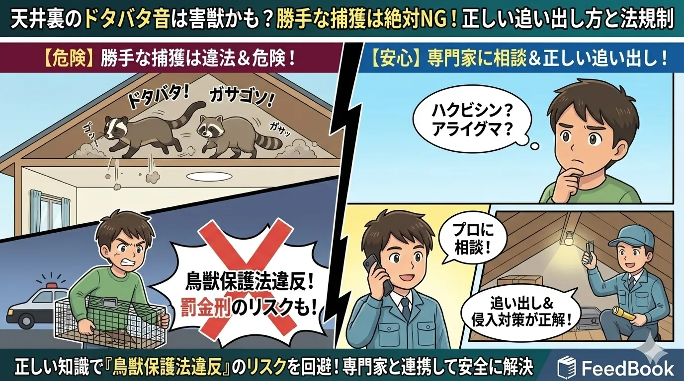 天井裏のドタバタ音は害獣かも？ハクビシン・アライグマを自分で追い出す方法と絶対NGな「捕獲」について
