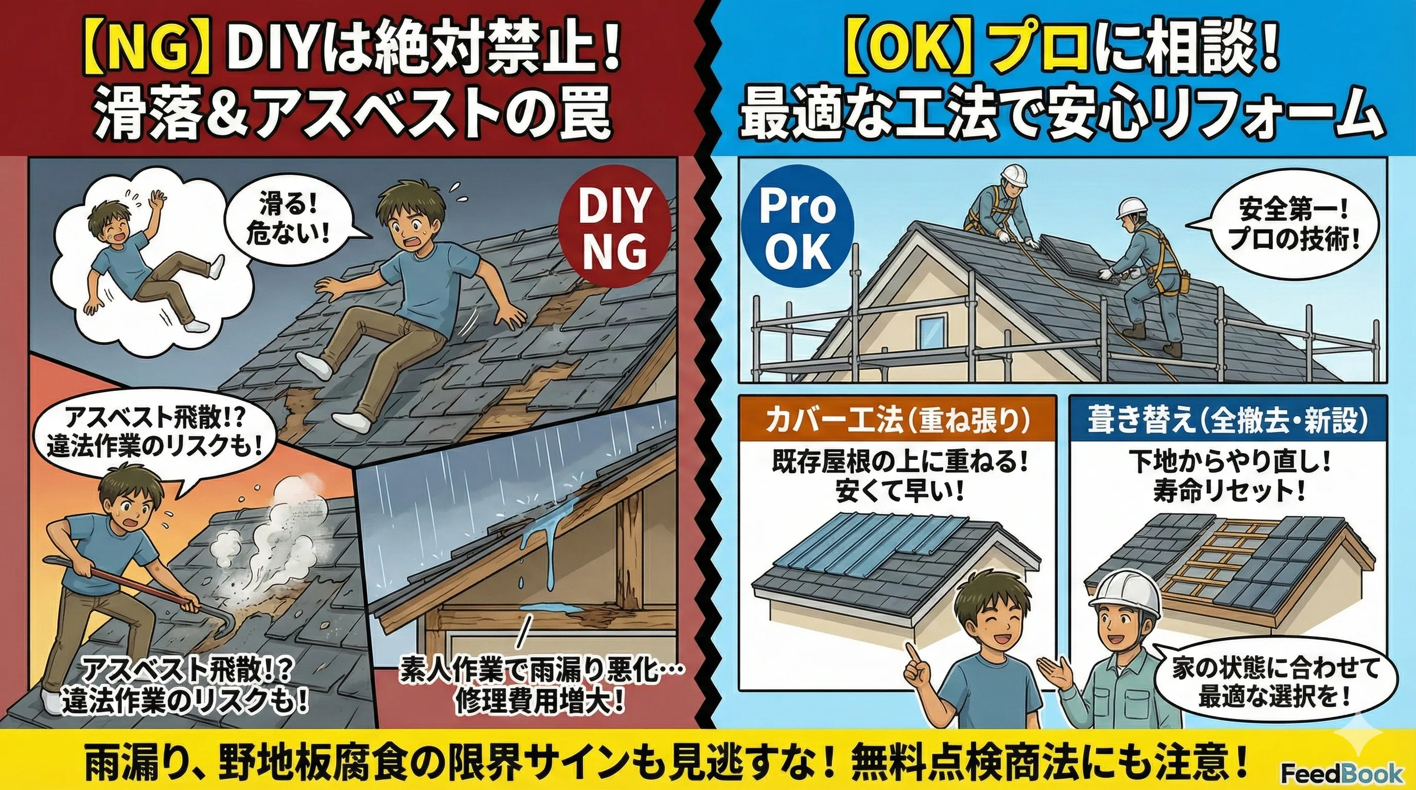 屋根の「張り替え」はDIYできる？アスベストのリスクと、失敗しない「カバー工法 vs 葺き替え」の選び方