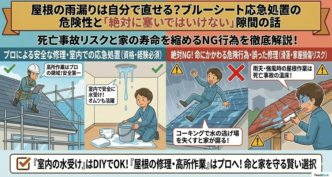 屋根の雨漏りは自分で直せる？ブルーシート応急処置の危険性と「絶対に塞いではいけない」隙間の話