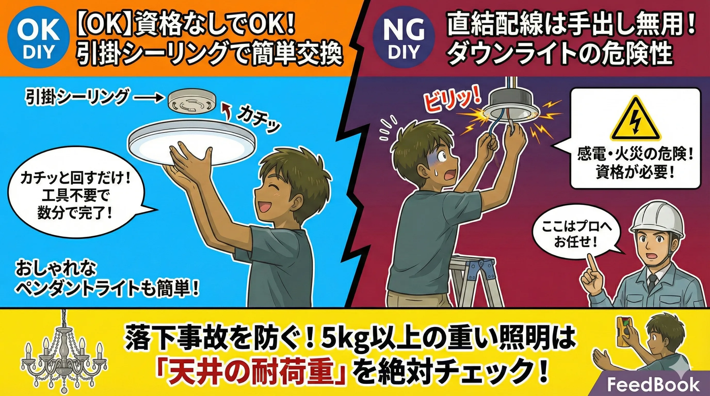 照明交換は自分でできる？「カチッと付けるだけ」と「電気工事」の境界線＆落下事故を防ぐ天井チェック法