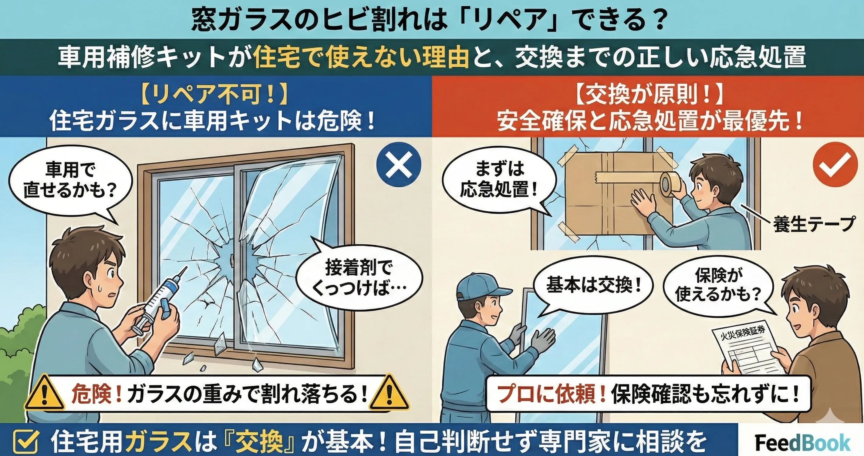 窓ガラスのヒビ割れは「リペア」できる？車用補修キットが住宅で使えない理由と、交換までの正しい応急処置