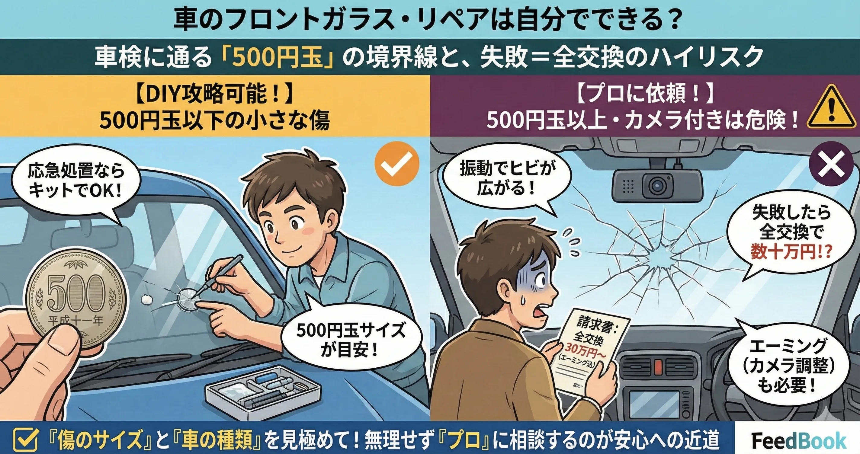 車のフロントガラス・リペアは自分でできる？車検に通る「500円玉」の境界線と、失敗＝全交換のハイリスク