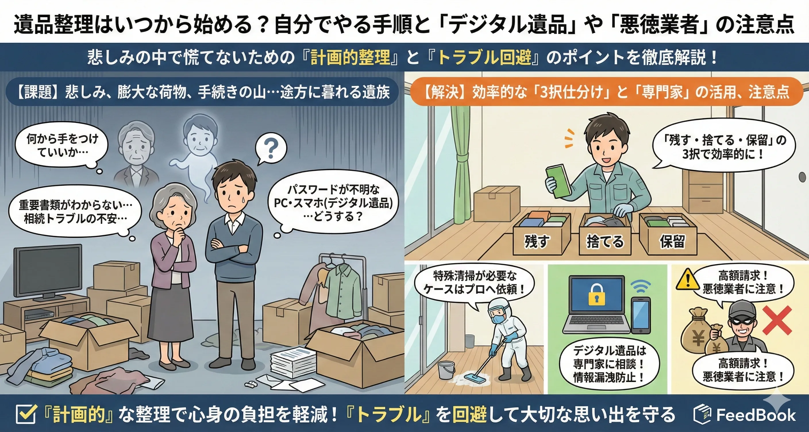 遺品整理はいつから始める？自分でやる手順と「デジタル遺品」や「悪徳業者」の注意点